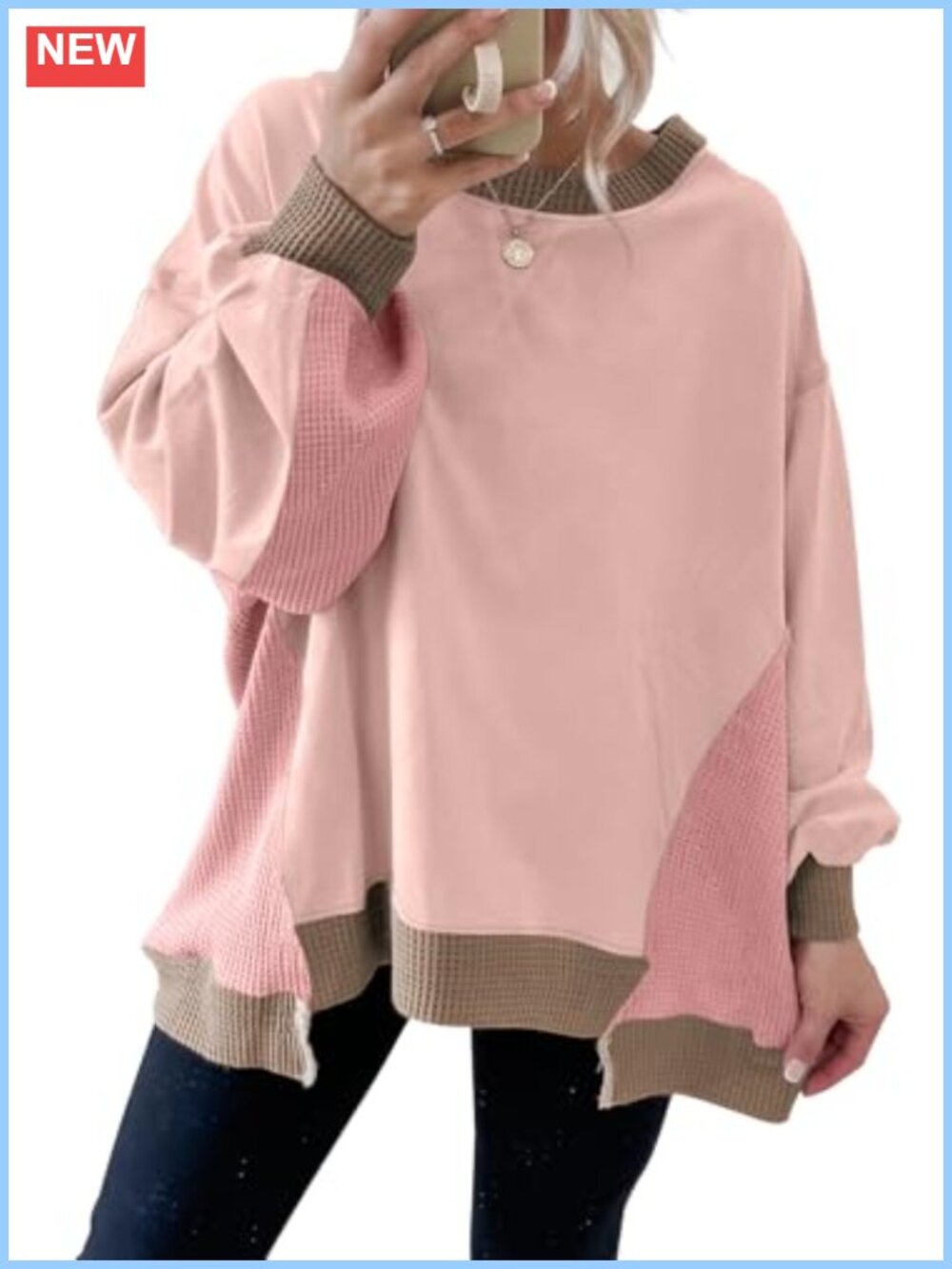Crew Neck Waffle Knit Color Block Oversized Long Sleeve Sweatshirt for Women